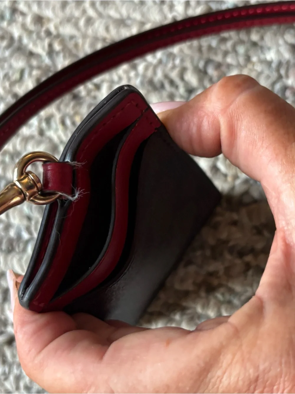 Coach Black Textured Leather Card Holder with Red Trim and Lanyard